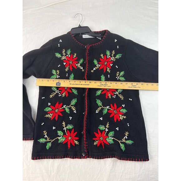 Victoria Jones Women’s Christmas Sweater M Black Embroidered Floral Cardigan - Picture 7 of 7
